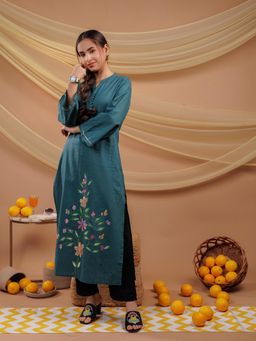 Yufta - Women Teal Floral Cotton Straight Fit Kurta