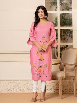 Yufta - Women Pink Floral Cotton Straight Fit Kurta