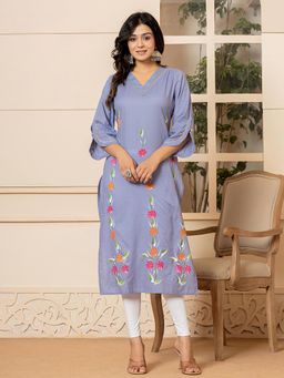 Yufta - Women Purple Floral Cotton Straight Fit Kurta