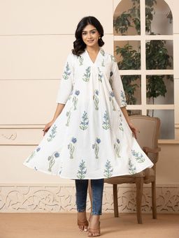 Yufta - Women Blue Floral Printed Cotton A-Line Kurta