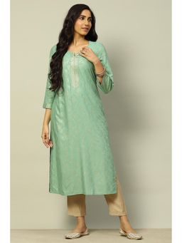 Rangriti - Women Green Floral Rayon Straight Fit Kurta