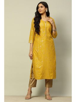 Rangriti - Women Yellow Printed Rayon Straight Fit Kurta