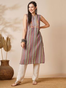 Globus - Women Multi-Color Stripes Cotton Straight Fit Kurta