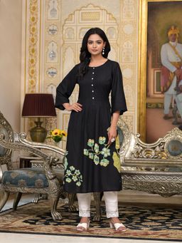 Juniper - Women Black Floral Printed Liva Flared Kurta