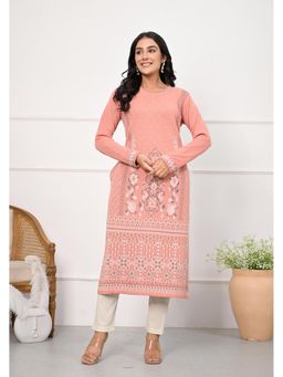 Juniper - Women Peach Floral Wool Straight Fit Kurta