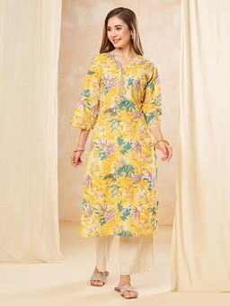 FASHOR - Women Yellow Printed Cotton Straight Fit Kurta