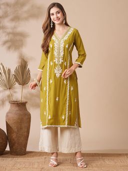 FASHOR - Women Yellow Embroidered Silk Straight Fit Kurta