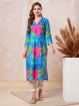 FASHOR - Women Blue Floral Cotton Straight Fit Kurta