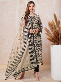 FASHOR - Women Beige Geometric Printed Jute Straight Fit Kurta with Dupatta (Set of 2)