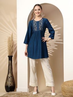 Nayam by lakshita - Women Teal Embroidered Nylon Regular Fit Kurti