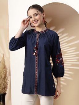 Nayam by lakshita - Women Navy Blue Embroidered Cotton Blend Regular Fit Kurti