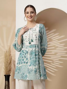 Nayam by lakshita - Women Turquoise Floral Pure Cotton Regular Fit Kurti