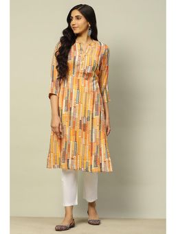 Rangriti - Women Yellow Geometric Printed Viscose Blend Straight Fit Kurta