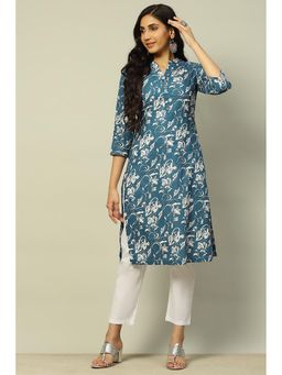 Rangriti - Women Blue Floral Printed Cotton Straight Fit Kurta