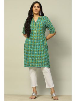 Rangriti - Women Green Geometric Printed Rayon Straight Fit Kurta