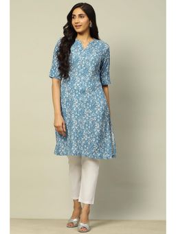 Rangriti - Women Blue Floral Printed Rayon Straight Fit Kurta
