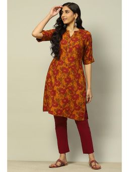 Rangriti - Women Mustard Printed Rayon Straight Fit Kurta