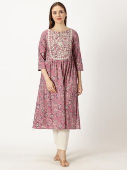 Saffron Threads - Women Pink Floral Cotton A-Line Kurta