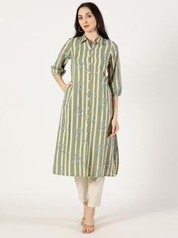 Saffron Threads - Women Green Stripes Cotton A-Line Kurta