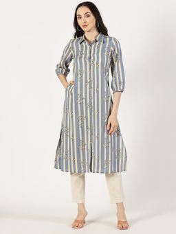 Saffron Threads - Women Blue Stripes Cotton A-Line Kurta