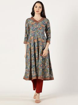 Saffron Threads - Women Blue Floral Rayon A-Line Anarkali Kurta
