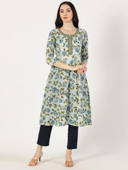 Saffron Threads - Women Blue Floral Cotton A-Line Kurta
