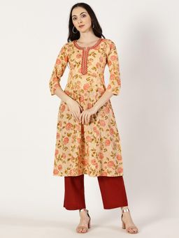 Saffron Threads - Women Orange Floral Cotton A-Line Kurta
