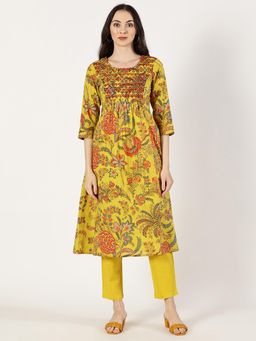 Saffron Threads - Women Yellow Floral Cotton A-Line Kurta