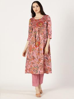 Saffron Threads - Women Pink Floral Cotton A-Line Kurta
