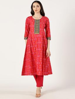 Saffron Threads - Women Pink Printed Cotton A-Line Kurta