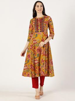 Saffron Threads - Women Mustard Floral Cotton A-Line Kurta