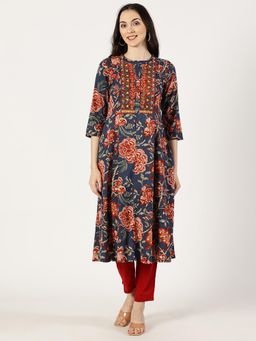 Saffron Threads - Women Navy Blue Floral Cotton A-Line Kurta