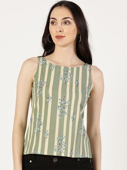 Saffron Threads - Women Green Stripes Cotton Relaxed Fit Top