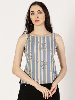 Saffron Threads - Women Blue Stripes Cotton Relaxed Fit Top