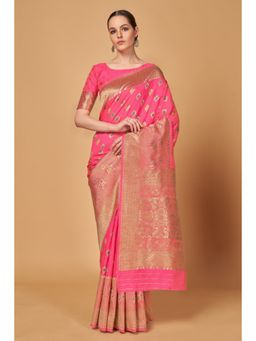 Monjolika Fashion - Weaving Bright Pink Silk Classic Designer Saree with Unstitched Blouse