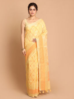 Indethnic - Banarasi Yellow Woven Design Daily Wear Saree With Unstitched Blouse