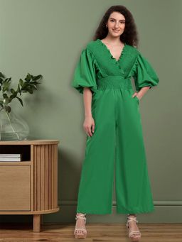 IKI CHIC - Green Jumpsuit with Smocking Detailing & Balloon Sleeves