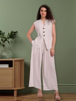 IKI CHIC - White Sleeveless Front Button-Up Shirt with High Waisted Pants (Set of 2)