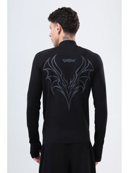 Grow - Gym Full Sleeve Cotton & Spandex Quarter Zip Printed Sports Black T-Shirt