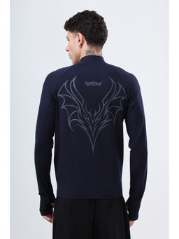 Grow - Gym Full Sleeve Cotton & Spandex Quarter Zip Printed Sports Navy Blue T-Shirt