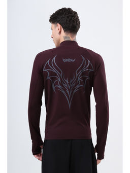 Grow - Gym Full Sleeve Cotton & Spandex Quarter Zip Printed Sports Wine T-Shirt