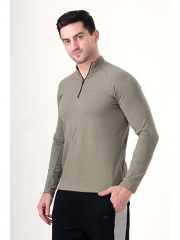 Grow - Gym Full Sleeve Cotton & Spandex Quarter Zip Solid Sports Olive T-Shirt