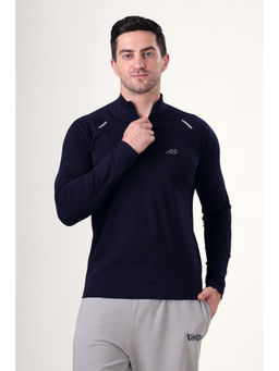 Grow - Gym Full Sleeve Cotton & Spandex Quarter Zip Solid Sports Navy Blue T-Shirt