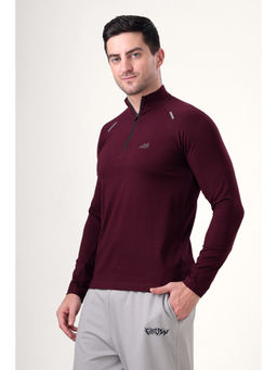 Grow - Gym Full Sleeve Cotton & Spandex Quarter Zip Solid Sports Wine T-Shirt