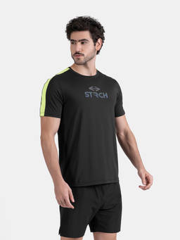 STRCH - Solid Regular Fit Half Sleeve Round Neck Black T-Shirt