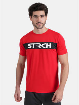 STRCH - Printed Regular Fit Half Sleeve Round Neck Red T-Shirt