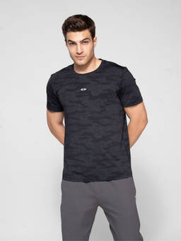 STRCH - Camouflage Regular Fit Half Sleeve Round Neck Black T-Shirt