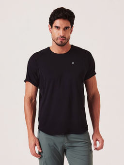 STRCH - Solid Regular Fit Half Sleeve Round Neck Black T-Shirt