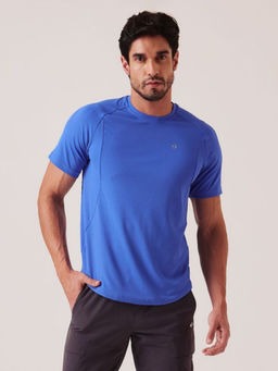 STRCH - Solid Regular Fit Half Sleeve Round Neck Blue T-Shirt