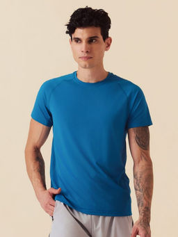 STRCH - Solid Regular Fit Half Sleeve Round Neck Blue T-Shirt